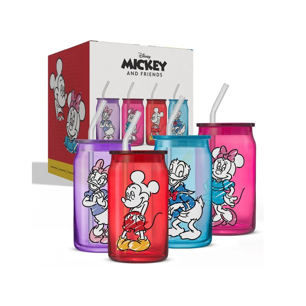 Disney Mickey and Friends Tumbler Set Glass Cups with Lids &‎ Straws 4pc